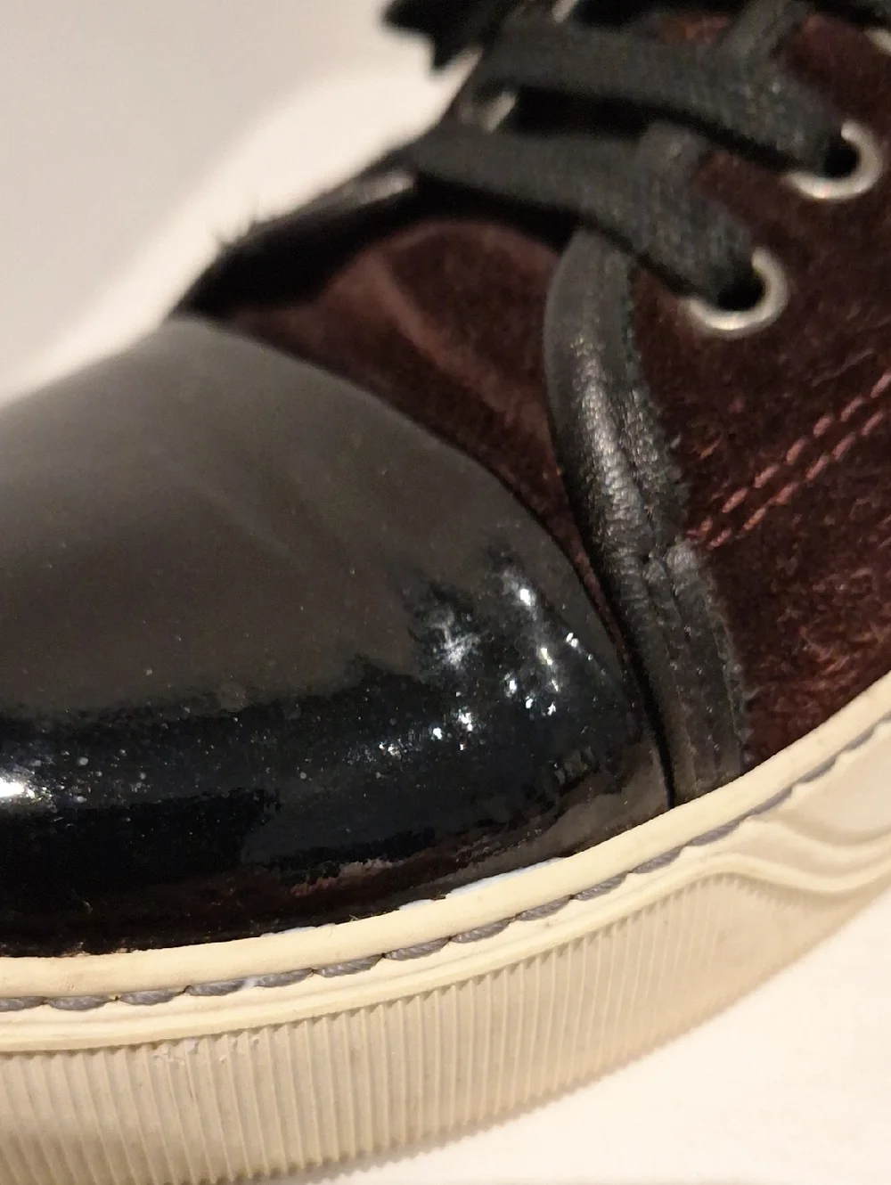 Lanvin Men's Brown Suede and Black Patent Leather Toe Cap Low-Top Sneakers